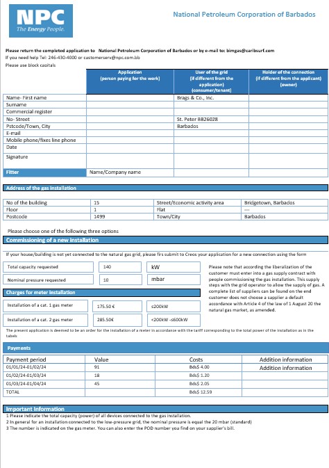 Barbados National Petroleum Corporation of Barbados gas business utility bill template in Word and PDF format